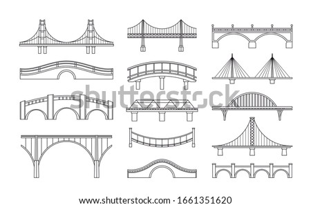 Vector illustration set of bridges icons. Types of bridges. Linear style icon collection of different bridges. Possible use in infographic design, urbanistic concept elements. Royalty-Free Stock Photo #1661351620
