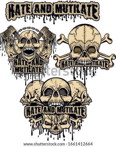 set, aggressive emblem with skull,, grunge vintage design t shirts