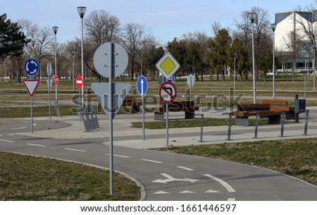 Street signs on the driving school polygon and driving area