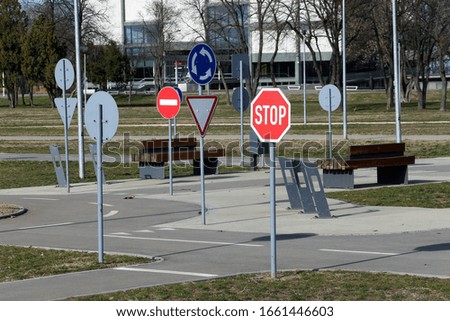 Street signs on the driving school polygon and driving area