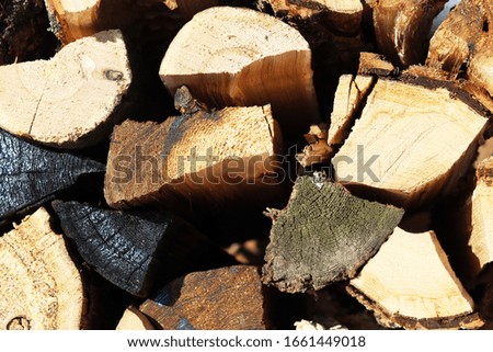 wooden firewood lies on top of each other. side view