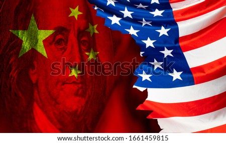 Economic war between China and the United States. Flag of PRC on the background of Franklin. Sanctions against the People's Republic of China. Trade war with America. United States Economic Sanctions