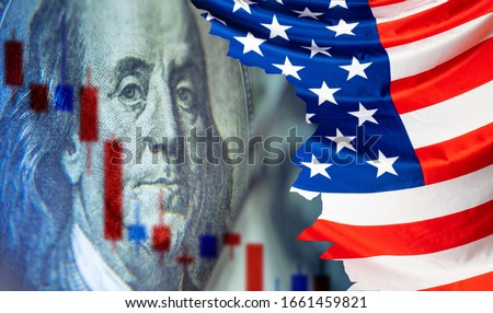 Economy of the United States. Franklin next to the flag of the US. AFragment of a dollar bill. Concept - stock market panic. Foreign exchange market of the USA. Red chips mean economic decline