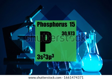 Designation of phosphorus on a dark background. Element with atomic number 15. Element of life. The chemical element Phosphorus. Different types of phosphorus have different combustibility. 
