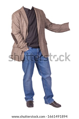 men's light brown button down jacket, men's blue jeans, leather black shoes and a knitted black sweater isolated on white background