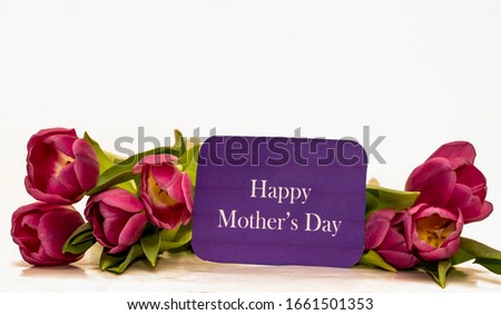 Mother's Day sign, tulips on white background, spring. Greeting card template