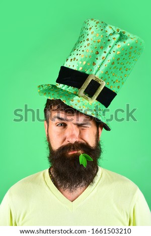 Saint Patrick's day. Winking bearded man in leprechaun hat. Clover in mouth. Bearded leprechaun. Serious Irish leprechaun with black beard. Bearded man. St. Patrick's Day. Portrait of bearded man. Royalty-Free Stock Photo #1661503210