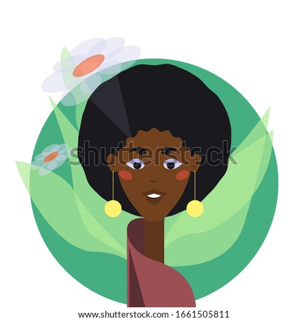 Portrait of a young black female character with flowers on the background. International Women’s Day concept. Design template for banners, posters, web, flyers, postcards. Flat vector illustration.
