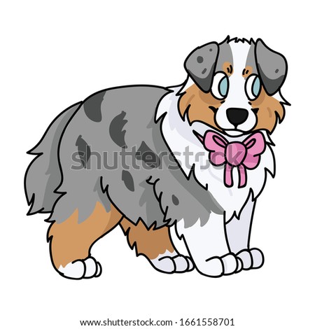 Cute cartoon australian shepherd puppy with pink bow vector clipart. Pedigree kennel doggie breed for dog lovers. Purebred domestic for pet parlor illustration mascot. Isolated canine English hunting.