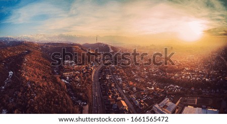 Panorama of the city in the mountains view from the drone