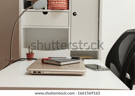 White desk. Work office close up. 