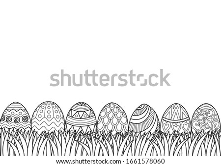 Line art, black and white seamless pattern Easter eggs grass for design element. Vector illustration