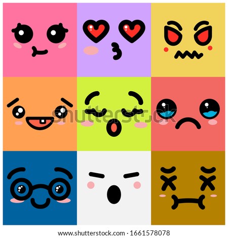 
Set of emoticons in the shape of a square with a different mood. Kawaii emoticons and Japanese anime emoticons face expressions. Vector cartoon comic book style icon set
