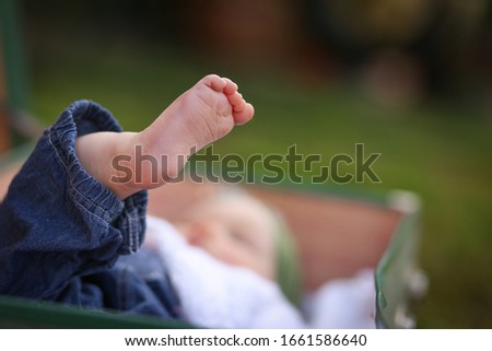 Tiny baby foot sticking out of vintage suitcase. Baby photography.