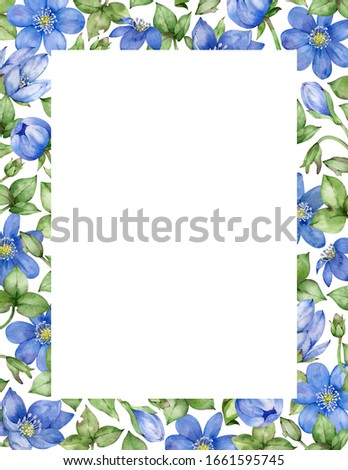 Watercolor floral frame with first spring blue flowers - hepatica. Wedding invitation and birthday card template. Hand-drawn watercolor illustration.
