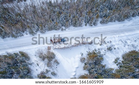 Aerial Of Forestry Logging Truck Loading Freshly Cut Logs - Northern Ontario Canada