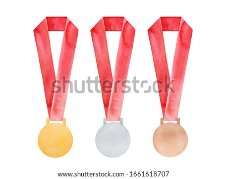 Watercolor illustration collection of three different winner medals (place: 1, 2, 3). Round shape, with bright red ribbons. Hand painted water color, cut out clipart elements for design decoration.