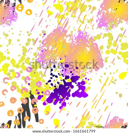 Stains Seamless Pattern. Fashion Concept. Distress Print. Color, Bright Illustration. Summer Surface Textile. Ink Stains. Spray Paint. Splash Blots. Artistic Creative Vector Background.
