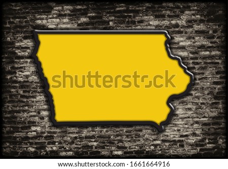 Modern illustrated 3D rendering of the State of Iowa gold and black outline silhouette shadowed on top of distressed textured dark brick wall background