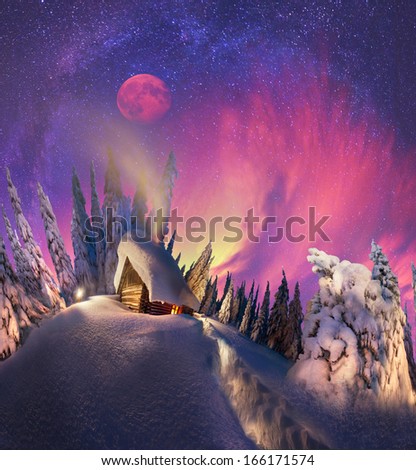 Fantasy, drawing on the theme of travel in the mountains under a full moon and the universe on a person when his world seems small, very tiny, and when the bitter cold puts ate in fluffy robes