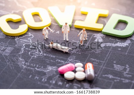 Miniature people: Covid , doctor and drug with copy space using as background  , medical, business adviser, health care concept.