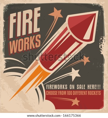 Vintage fireworks poster design. Retro flyer design for fire works rockets retailer. 