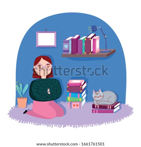 book day, teen girl with cat and books in the room vector illustration