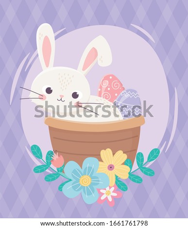 happy easter day, basket with rabbit eggs flowers foliage nature vector illustration