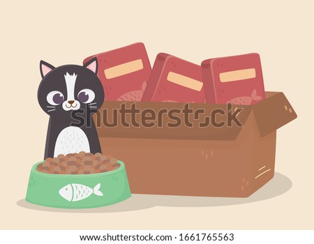 cats make me happy, cat with cardboard box filled food and bowl vector illustration