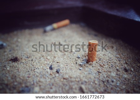 Cigarettes in ashtray at smoking area. World no tobacco day on may 31. Health care, object, and environment concept.