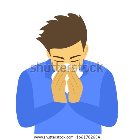 Sneezing man concept vector illustration on white background. A man in blue shirt sneezing in handkerchief. Sick man sneeze. Season allergy. Royalty-Free Stock Photo #1661782654