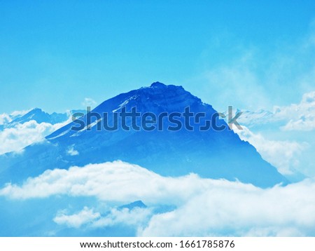 View of the snowy peaks of the Swiss Alps from the Ratikon border mountain massif or Rätikon Grenzmassiv (oder Raetikon), Mainfeld - Canton of Grisons (Graubünden or Graubuenden), Switzerland
