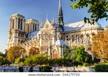 Notre Dame de Paris cathedral, France. Old Notre Dame is famous historical landmark of city. Scenery of Gothic church, nice architecture in summer. Royalty-Free Stock Photo #166179710