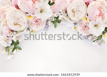 Delicate blossoming roses and blooming flowers festive background, pastel and soft bouquet floral card, selective focus, toned	