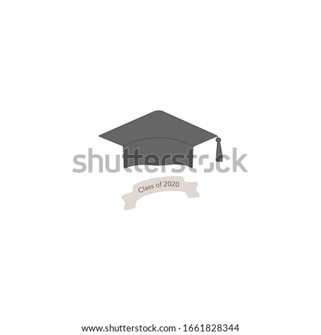 Phrase class of 2020. Graduation cap and ribbon. Vector clip art in cartoon style