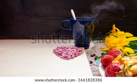 Valentine's day flat lay strawberry, heart a Cup of grain black coffee, with yellow flowers and mock up a Valentine's day mother woman Easter day with love together with a place for text