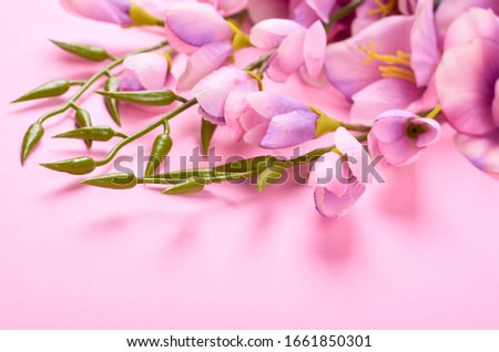 Decorative flowers on pink background composition. Flat lay photo.
