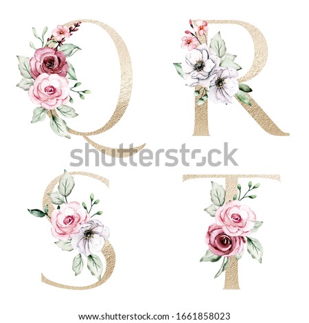 Gold letters set, alphabet with watercolor flowers pink roses and leaf. Floral monogram initial clip art perfectly for wedding invitation, greeting card and other. Holiday design hand painting.