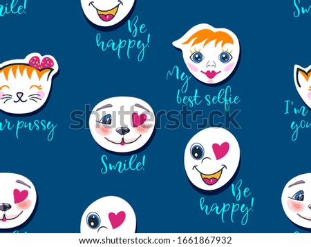 Funny cartoon Muzzles, set character, faces collection with pink cheeks, little heart and winking eyes on white background. Hand drawn Vector seamless pattern.