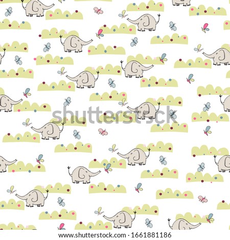Super cute mommy and baby elephants playing, catching butterfly, having fun. Hand drawn vector color wild animal character.Seamless pattern. Endless texture