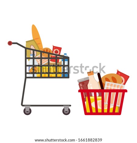 Set Supermarket self service shopping carts baskets trolley full grocery food products. Vector isolated illustration