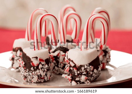 Six marshmallows with chocolate dip and candy canes