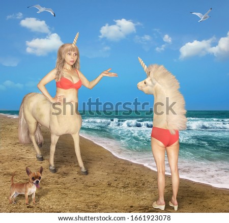 The female centaur meets the strange unicorn on the beach of the sea. She was very confused. Her dog is next to her.