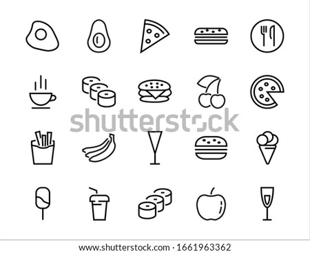   A simple set of fast food icons related to the vector line. Contains icons such as pizza, burger, sushi, bike, scrambled eggs and more. EDITABLE stroke. 480x480 pixels perfect, EPS 10.