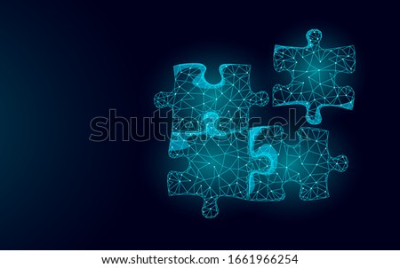 3D puzzle pieces joined together. teamwork business concept. Creative idea problem solution cooperation. Low poly blue dark glowing light strategy match part game vector illustration