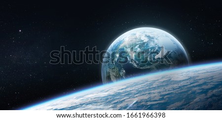 Planet Earth in outer space. Stars and galaxies on background. Dark background. High resolution sci fi wallpaper. Elements of this image furnished by NASA	