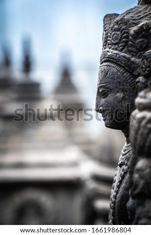 Close up portrait of Buddhist Stupa Statue at Swayambunath "Monkey" Temple in Kathmandu Nepal
