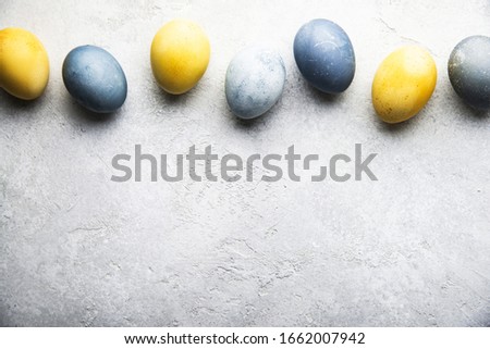 Natural dyed colorful Easter eggs on grey concrete background top view. Holiday banner, card, concept, design.