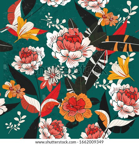 Orange and white flower seamless pattern,illustration vector for textile prints or backdrop or wedding card background,elegant vintage flower and leaves,botanical tropical style
