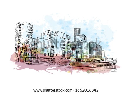 Building view with landmark of Malmo is a coastal city in southern Sweden. Watercolor splash with Hand drawn sketch illustration in vector.